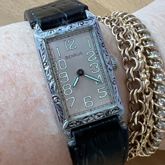 VINTAGE BENRUS ORNATE MECHANICAL TANK WATCH VASELINE GREEN FLUORESCENT UNISEX